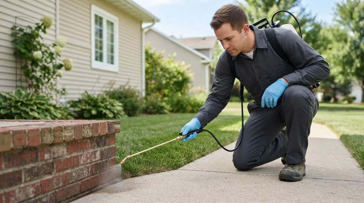 Pest control technician treating a home near Faucett, MO