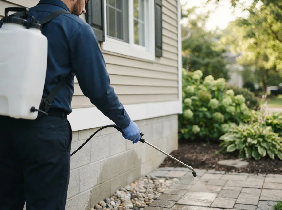 Pest control technician inspecting a home in Faucett, MO